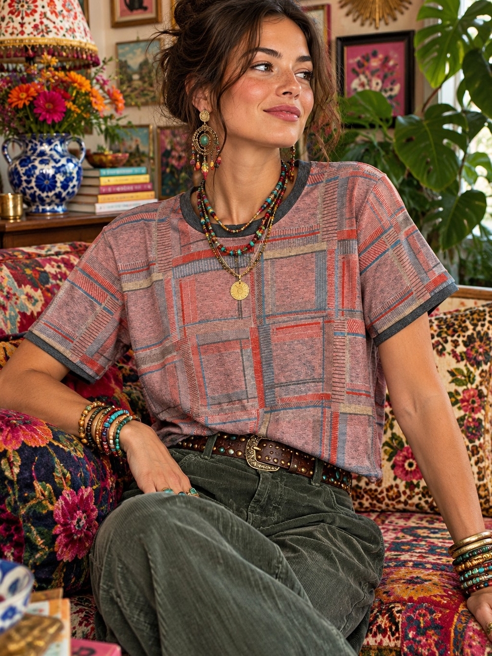 NWT The Kit Ringer Tee In Warm Painted Plaid